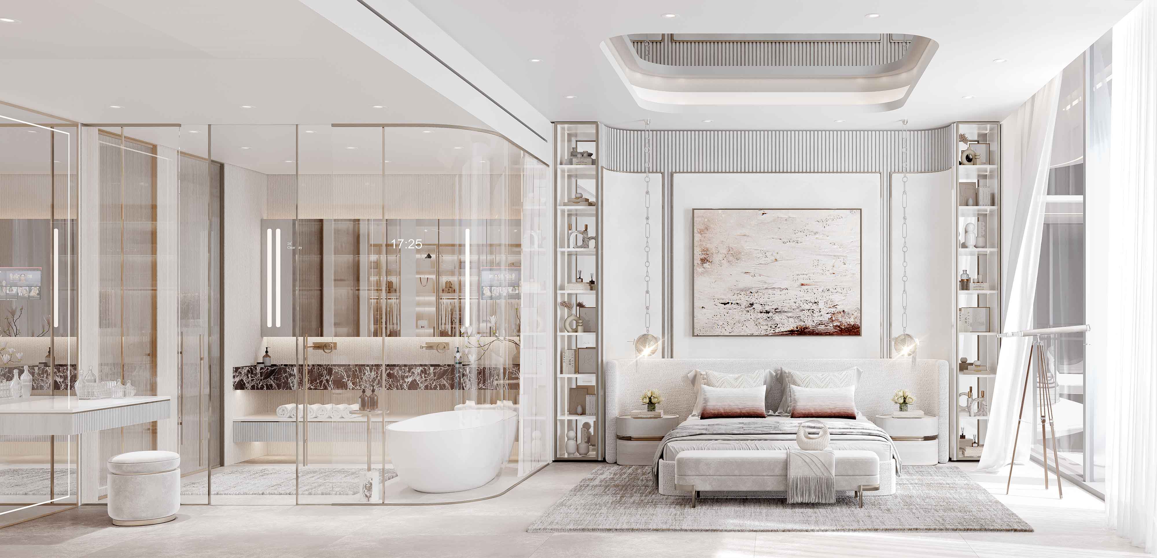 Cotier House 2 By Imtiaz A modern, airy bedroom with a white color palette, featuring a large bed, glass walls, and a stylish bathroom area.
